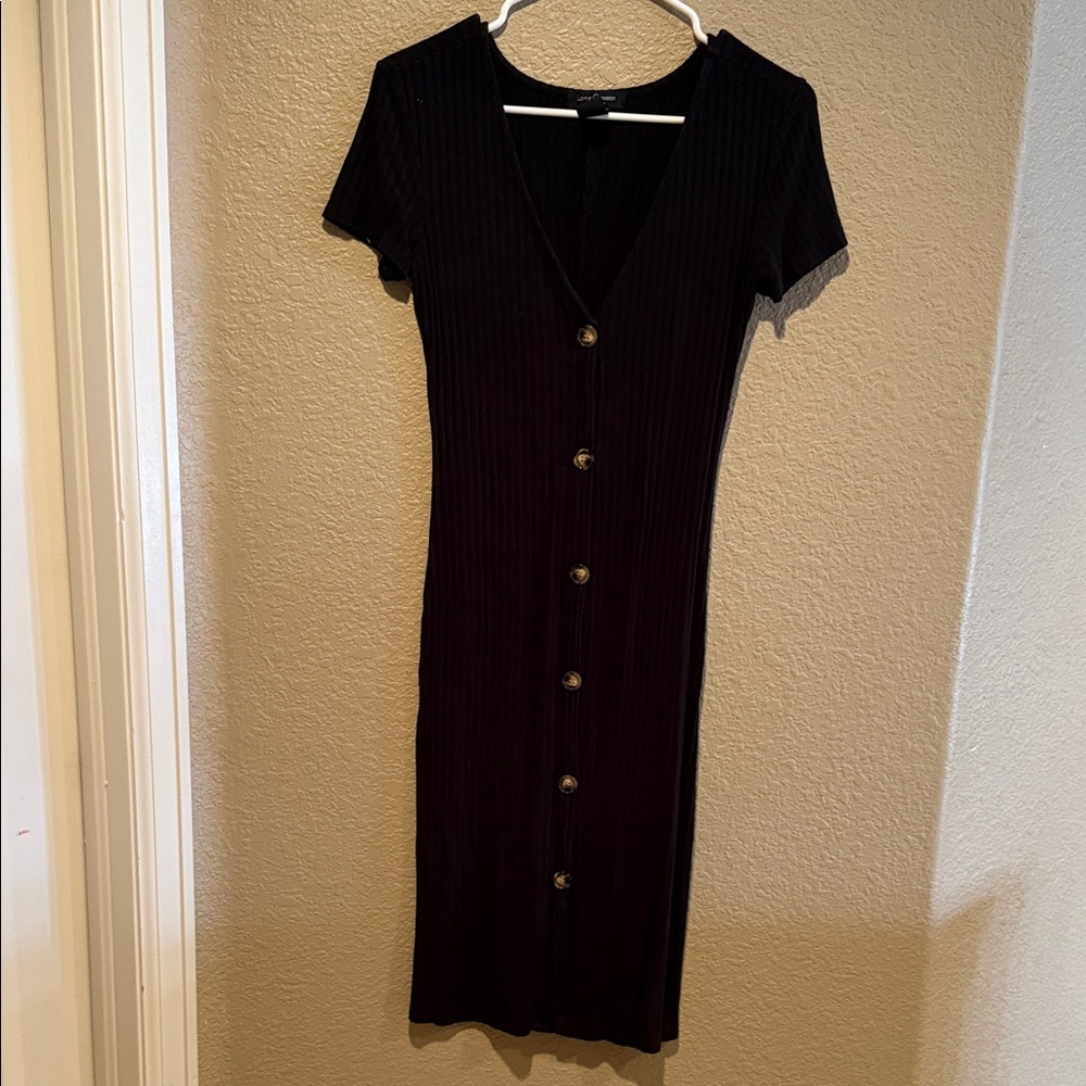 Black Ribbed Button-Down Dress